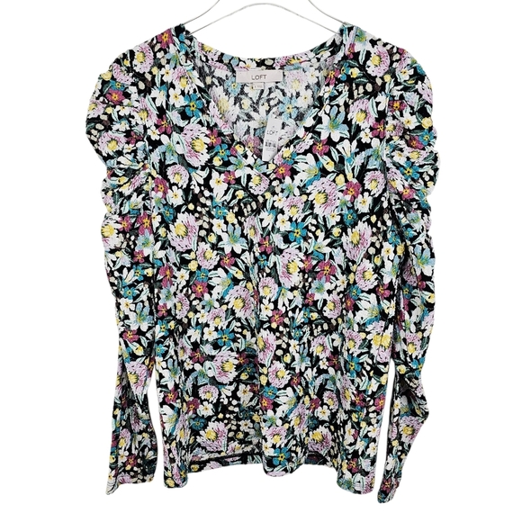 LOFT Multicolor Floral Shirred Textured Puff Sleeve Top NWT - Picture 2 of 9